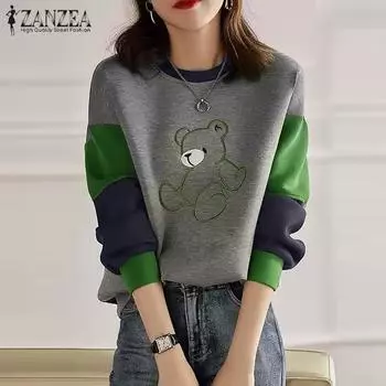 ZANZEA Женские осенние толстовки с круглым вырезом и длинным рукавом с принтом медведя контрастного цвета M зелёный