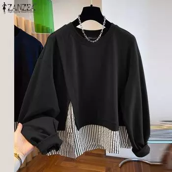 ZANZEA Женские осенние толстовки с круглым вырезом и длинными рукавами в полоску S чёрный