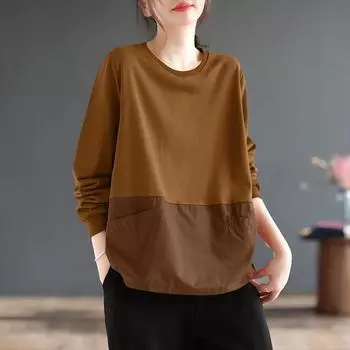 ZANZEA Женские осенние толстовки с круглым вырезом и длинным рукавом с карманами S коричневый