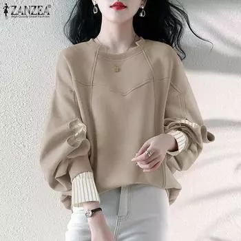 ZANZEA Женские осенние толстовки с круглым вырезом и длинными рукавами в полоску S чёрный