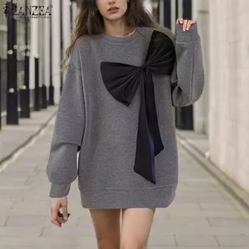 ZANZEA Женские осенние толстовки с круглым вырезом и длинным рукавом с завязками M чёрный