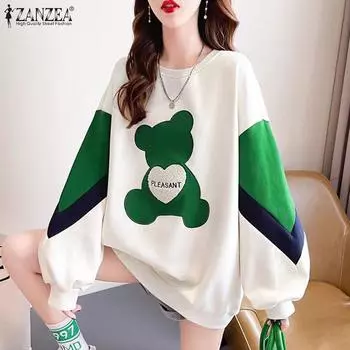 ZANZEA Женские осенние толстовки с круглым вырезом и длинным рукавом с принтом медведя S зелёный