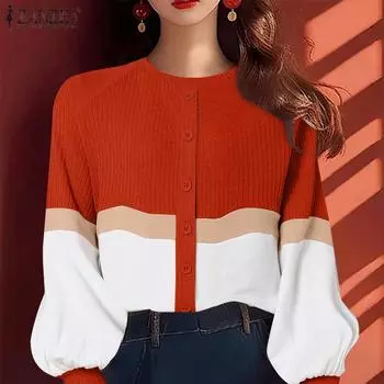 ZANZEA Женские осенние толстовки с круглым вырезом и цветными блоками с длинными рукавами S оранжевый