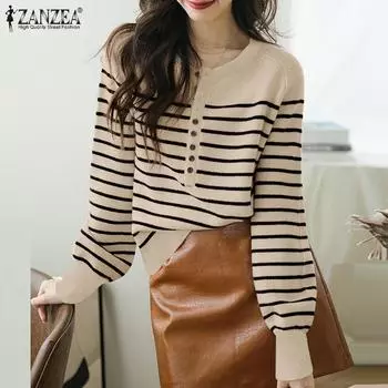 ZANZEA Женские осенние трикотажные футболки с круглым вырезом и длинным рукавом в контрастные полосы S чёрный