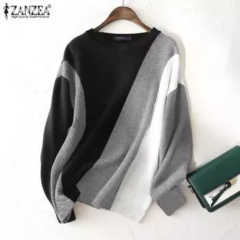 ZANZEA Женские осенние трикотажные футболки с круглым вырезом и длинным рукавом контрастного цвета M коричневый