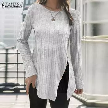 ZANZEA Женские осенние трикотажные полосатые тонкие футболки с круглым вырезом и длинным рукавом S зелёный
