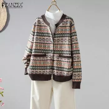 ZANZEA Женские осенние трикотажные рубашки с круглым вырезом и длинным рукавом в контрастную полоску S красный