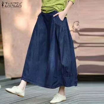 ZANZEA Женские осенние юбки А-силуэта с эластичной резинкой на талии и карманами S темно-синий
