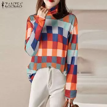 ZANZEA Женские осенние водолазки с длинным рукавом в клетку контрастного цвета S синий