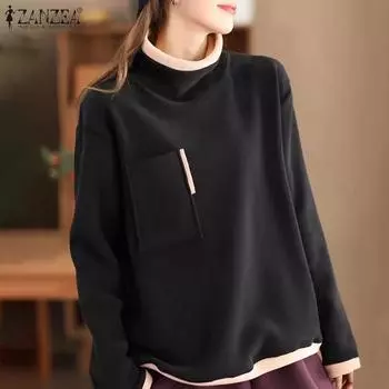 ZANZEA Женские осенние водолазки с длинным рукавом и карманами больших размеров футболки S коричневый
