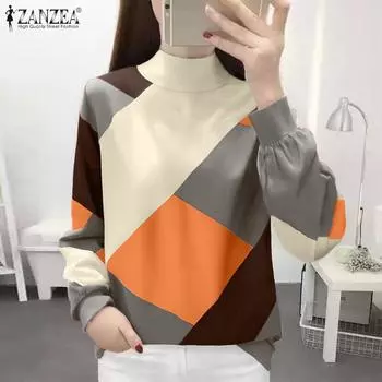 ZANZEA Женские осенние водолазки с длинным рукавом, контрастные цветные вязаные свитера S хаки