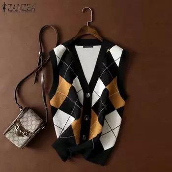 ZANZEA Женские осенние вязаные жилеты с круглым вырезом без рукавов в контрастную клетку L белый