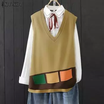 ZANZEA Женские осенние жилеты без рукавов с V-образным вырезом и контрастным принтом S зелёный