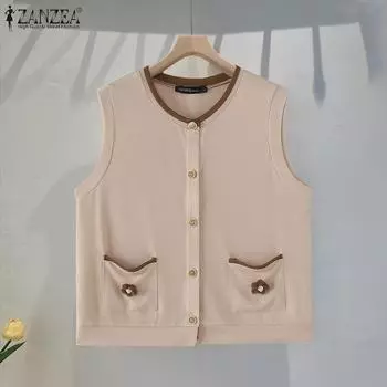 ZANZEA Женские осенние жилеты без рукавов с круглым вырезом и цветочным принтом S коричневый