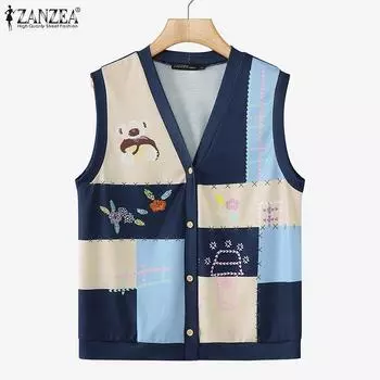 ZANZEA Женские осенние жилеты без рукавов с V-образным вырезом и принтом S темно-синий