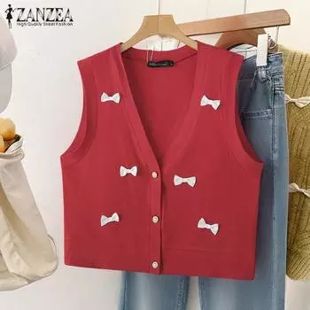 ZANZEA Женские осенние жилеты Colorblock с V-образным вырезом без рукавов с узлом S красный
