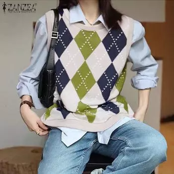 ZANZEA Женские осенние жилеты с круглым вырезом без рукавов в ромбовидную клетку M бежевый