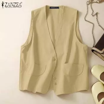 ZANZEA Женские осенние жилеты с V-образным вырезом и карманами, однотонные S белый