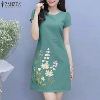 ZANZEA Женские платья с круглым вырезом и коротким рукавом с цветочным принтом и талией 5XL зелёный