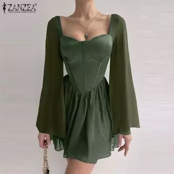 ZANZEA Женские платья с квадратным вырезом и длинными рукавами и подолом