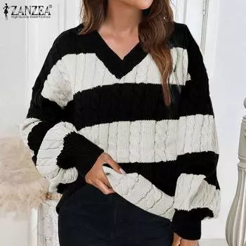 ZANZEA Женские полосатые свитера с длинным рукавом и V-образным вырезом Осень-зима Джемперы M чёрный