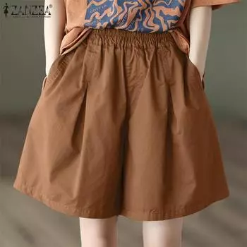 ZANZEA Женские повседневные эластичные карманы на талии, плиссированные однотонные свободные шорты S хаки
