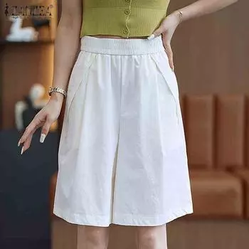 ZANZEA Женские повседневные эластичные талии карманы плиссированные свободные шорты S белый
