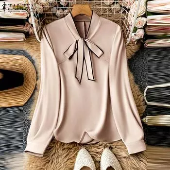 ZANZEA Женские повседневные блузки с длинным рукавом и завязкой на шее с контрастным узором S хаки