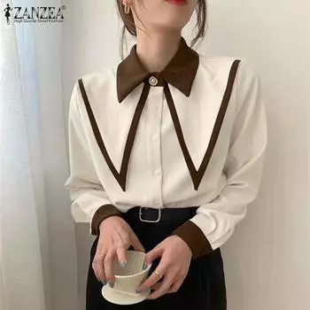 ZANZEA Женские повседневные блузки с длинным рукавом и контрастными лацканами S зелёный