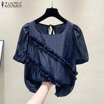 ZANZEA Женские повседневные блузки с круглым вырезом и короткими рукавами, однотонные свободные блузки с рюшами S красный