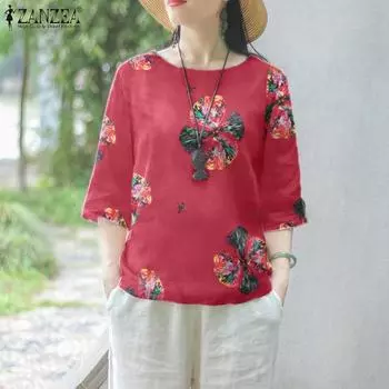 ZANZEA Женские повседневные блузки с круглым вырезом и рукавами 3/4 с цветочным принтом S темно-синий