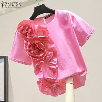 ZANZEA Женские повседневные блузки с круглым вырезом и коротким рукавом с цветочным принтом
