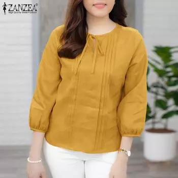 ZANZEA Женские повседневные блузки с круглым вырезом и рукавом 3/4 в полоску, однотонные XL темно-синий