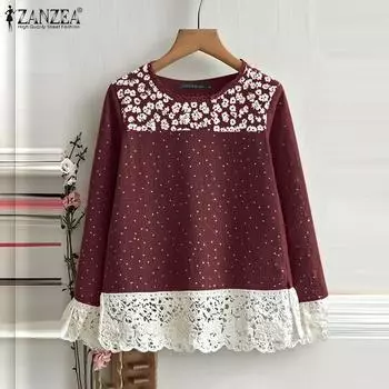 ZANZEA Женские повседневные блузки с круглым вырезом и длинным рукавом с принтом в горошек и кружевом 3XL розовый