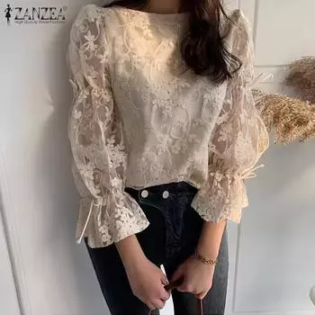 ZANZEA Женские повседневные блузки с круглым вырезом и рукавом 3/4 из кружева 2XL чёрный