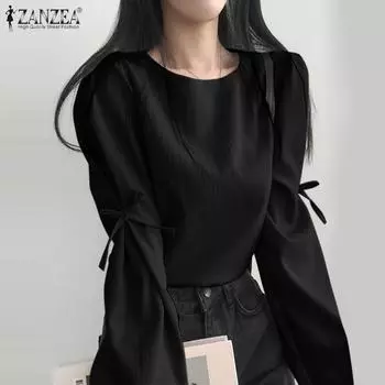 ZANZEA Женские повседневные блузки с круглым вырезом и длинным рукавом с завязками L бежевый