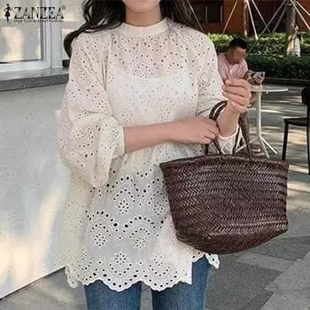 ZANZEA Женские повседневные блузки с круглым вырезом и длинным рукавом с кружевом S розовый