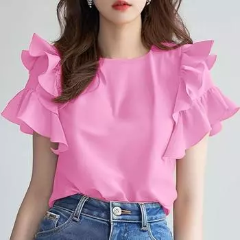 ZANZEA Женские повседневные блузки с круглым вырезом и короткими рукавами с оборками 4XL розовый