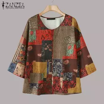 ZANZEA Женские повседневные блузки с круглым вырезом и коротким рукавом в клетку S красный