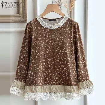 ZANZEA Женские повседневные блузки с круглым вырезом и длинным рукавом в горошек с кружевным подолом S чёрный