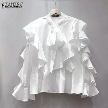 ZANZEA Женские повседневные блузки с круглым вырезом и длинным рукавом на бретелях с оборками M белый