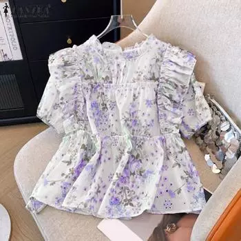 ZANZEA Женские повседневные блузки с круглым вырезом и коротким рукавом с цветочным принтом S синий