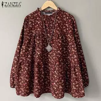 ZANZEA Женские повседневные блузки с круглым вырезом и длинным рукавом с цветочным принтом S коричневый