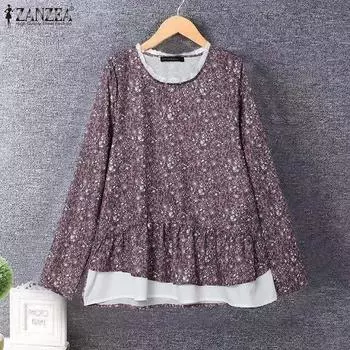 ZANZEA Женские повседневные блузки с круглым вырезом и длинным рукавом с цветочным принтом и контрастными цветами S синий