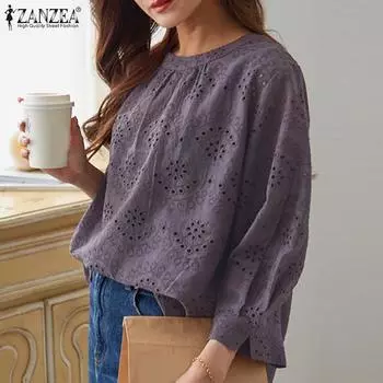 ZANZEA Женские повседневные блузки с круглым вырезом и рукавом 3/4 из кружева S белый