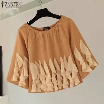 ZANZEA Женские повседневные блузки с круглым вырезом и рукавом «летучая мышь» 3/4 с оборками и цветочным принтом S белый