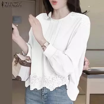 ZANZEA Женские повседневные блузки с круглым вырезом и длинным рукавом в полоску с кружевом L белый