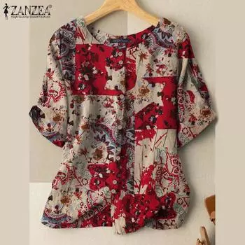 ZANZEA Женские повседневные блузки с круглым вырезом и короткими рукавами