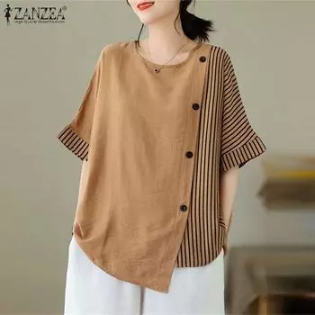 ZANZEA Женские повседневные блузки свободного кроя с круглым вырезом и рукавом 3/4 в полоску M оранжевый