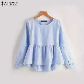 ZANZEA Женские повседневные блузки свободного кроя с круглым вырезом и длинным рукавом в полоску S чёрный